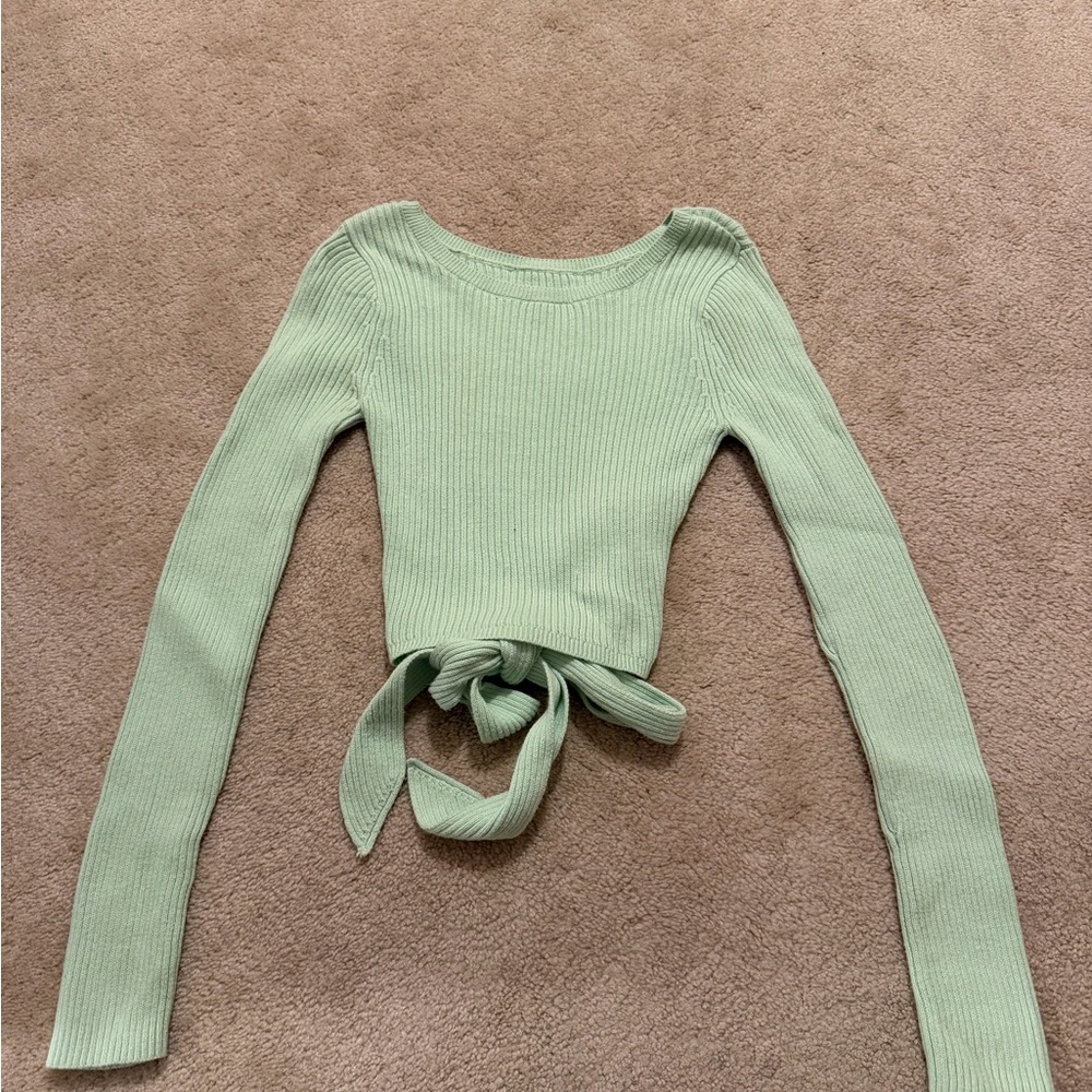 Mint Green Ribbed Knit Tie-Back Sweater